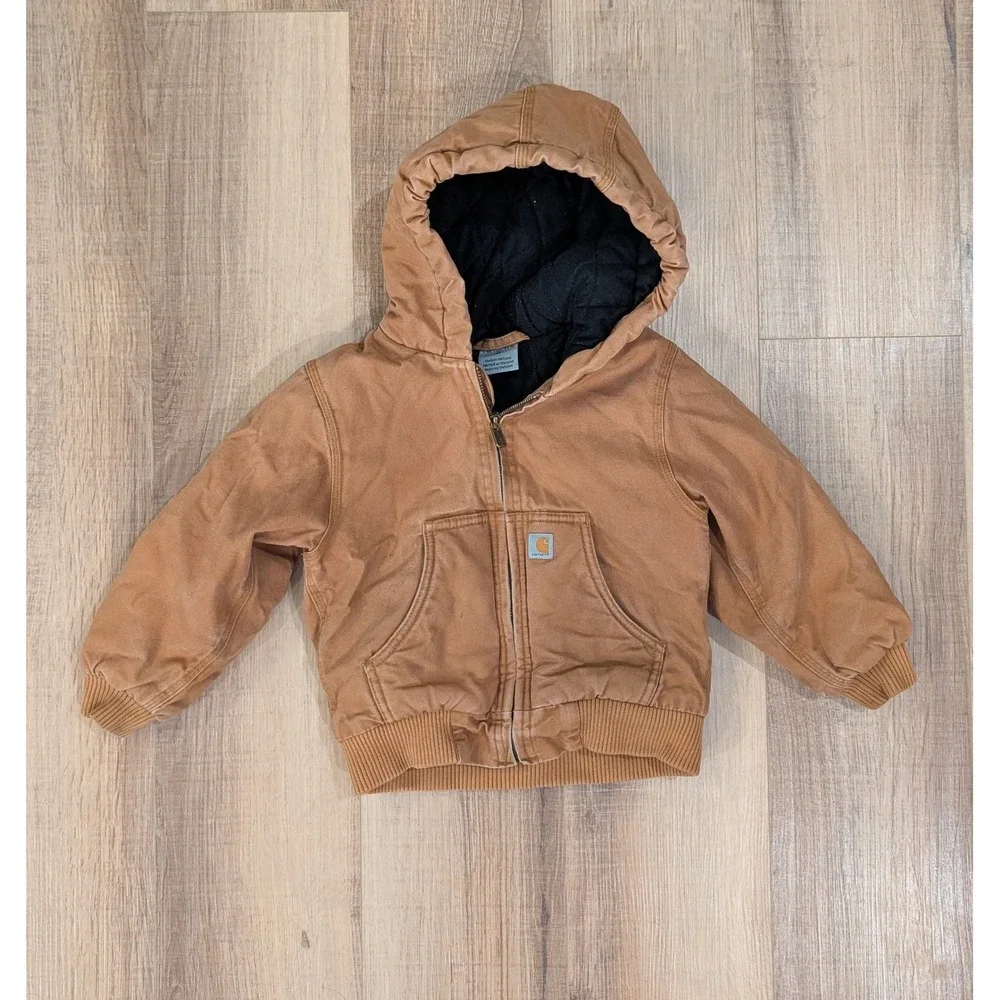 Carhartt Kids Brown Duck Quilted Flannel Lined Active Jacket 4T Hooded Coat